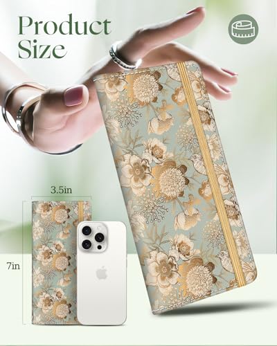 Image of Slohif Checkbook Cover for Personal Duplicate Checks - Leather Check Book Wallet Holder for Women Gold Flower Bird Top Side Tear