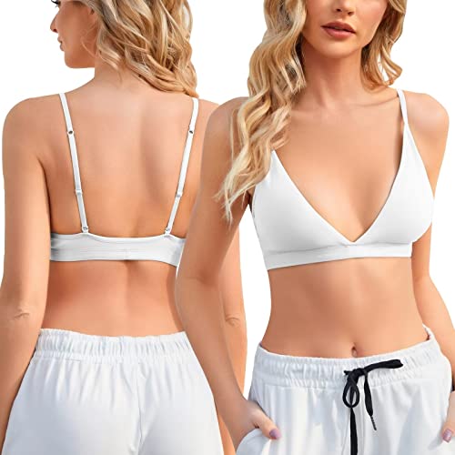 Image of INIBUD Bralette for Women Removable Padded Bra Yoga Seamless V Neck Triangle Adjustable Straps Wireless White L