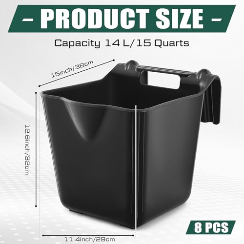 Image of Marsui 8 Pcs 15 Quart Horse Feeders for Stall Hook Over Hanging Fence Hay Feeder Mountable Livestock Plastic Feed Bucket for Farm Stalls Pasture, Stable to Feed Horses Sheep Cattle Cows Etc (Black)