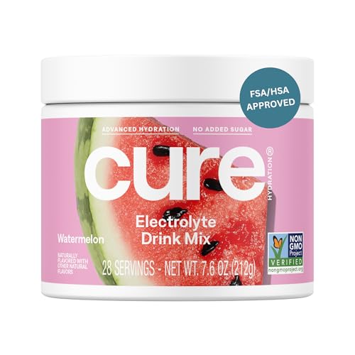 Image of Cure Hydration | Plant-Based Electrolyte Drink Mix | No Added Sugar | FSA-HSA | Dehydration Relief Powder Made with Coconut Water | Non-GMO | Vegan | 28 Servings Jar - Watermelon
