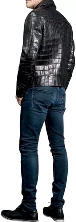 Mens Crocodile Black Real Leather Biker Jacket4