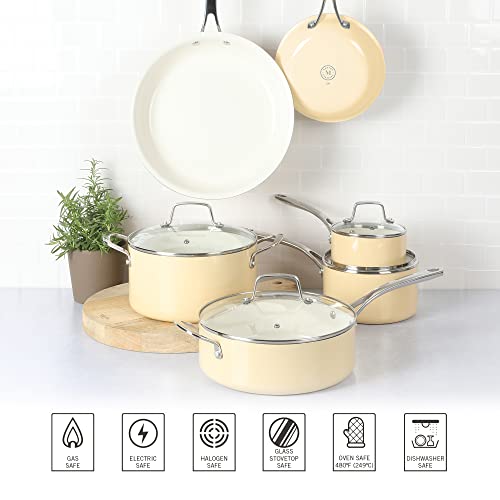 Martha Stewart Lockton Premium Nonstick Pfa Free Ceramic Interior 10 Piece Enamel Heavy Gauge Aluminum Cookware Set - Butter Cream #TOP4