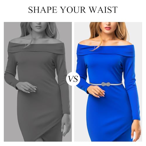 2 PCS Rhinestone Belt for Women, Elastic Skinny Waist Belt for Women Girls Dresses Jeans Silver & Gold Chain Belt4