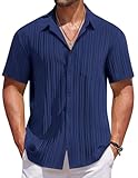 COOFANDY Mens Vacation Shirts Short Sleeve Casual Button Up Shirts Fashion Textured Beach Shirt Navy Blue