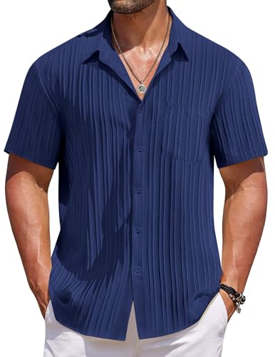 COOFANDY Mens Vacation Shirts Short Sleeve Casual Button Up Shirts Fashion Textured Beach Shirt Navy Blue