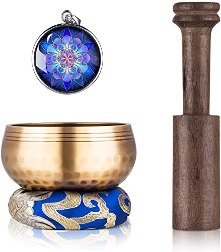 Tibetan Singing Bowl Set - Sing Bowl Unique Gift Helpful for Meditation, Yoga, Relaxation, Chakra Healing, Prayer and Mindfulness (Golden)