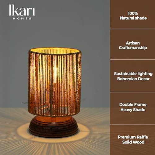Image of Ikari Homes Wood Boho Raffia Incandescent Table Lamp I Night Lamp for Bedroom Bedside & Center Table Lamp for Restaurant I Office Desk Lamp I I Home Decor Items I Size 21.5 x 12.9 cm, Brown