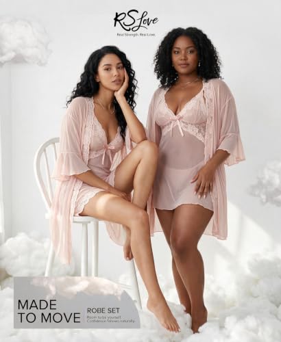 Image of RSLOVE Women Sexy Lingerie Set - 3 Piece Babydoll & Lace Kimono Robe Strap Chemise Nightgown Mesh Sleepwear