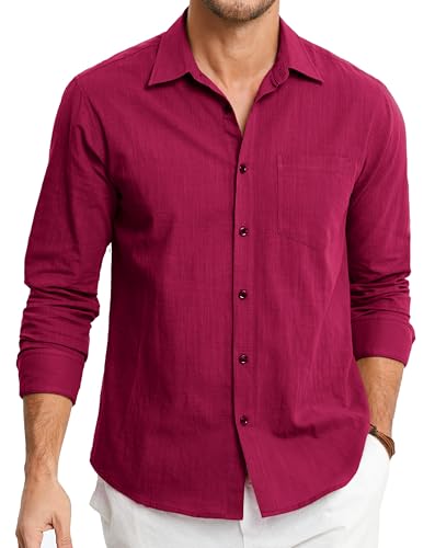 HISDERN Linneskjorta för män, långärmad skjorta, bomull, fritidsskjorta, linneskjorta, normal passform, affärsskjorta, sommarskjortor med ficka, röd, XL