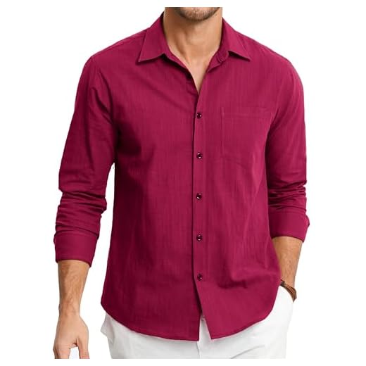 HISDERN Chemises en Lin pour Homme Rouge Manches Longues Décontractée Boutonnées Légères Été Chemise Coupe Régulière de Plage Casual Shirts L