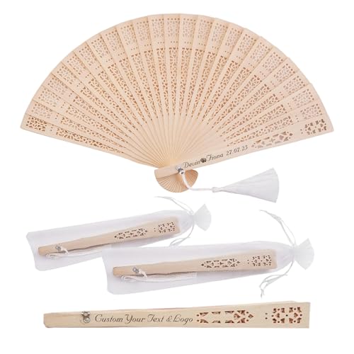 50Pcs Handheld Foldable Wedding Wooden Fans Personalized Custom Sandalwood Fans with Tassels and Organza Bags Wedding Favors for Guests Baby Shower Birthday Party Gift Bulk (50)