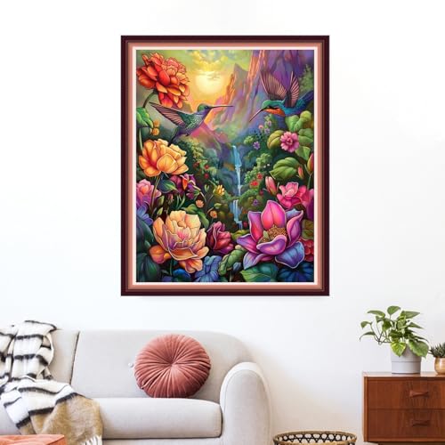 Image of Funxvoot Stamped Cross Stitch Kits for Beginners or Adults Embroidery Starter Patterns | DIY Printed Cross Stitch Kits Needlepoint for Adults or Kids 11CT-Hummingbirds Collect Honey 16x20 inch