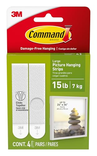 Command Large Picture Hanging Strips, Damage-Free Hanging Picture Hangers, No Tools Wall Hanging Strips for Christmas Decorations, 4 White Adhesive Strip Pairs