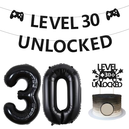 Sursurprise Level 30 Unlocked Compleanno Decorazioni, Level 30 Unlocked Banner Cake Topper Numero 30 Palloncini per Gamer 30° Compleanno Party Decorations Video Game Compleanno Party Supplies
