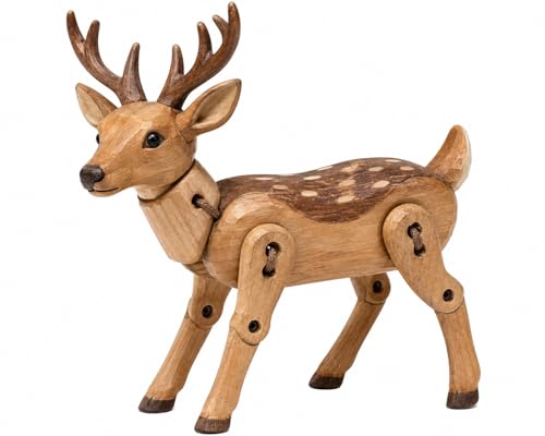 Image of Hand Carved Wooden Animal Figurine with Poseable Movable Joints – Natural Solid Wood Sculpture Ornament – Giraffe Deer Bear Cow – Freestanding Desk Decoration Home Office Living Room