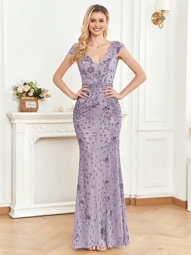 Image of Womens Sequined Long Evening Gown Glamous Sleeveless V-Neck Mermaid Prom Dress for Wedding Party Club Occasions
