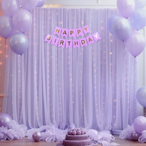 10x10ft Purple Tulle Backdrop Curtain with Lights String for Parites, Sheer Backdrop Curtains for Wedding Baby Shower Birthday Party Photo Shoot Decorations - Thumbnail 7