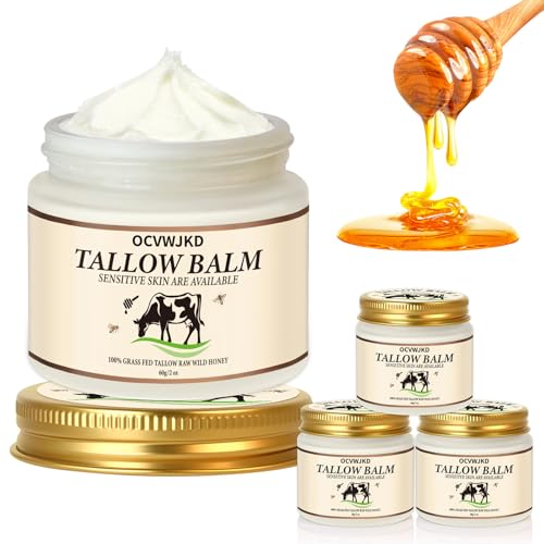 Beef Tallow & Honey Balm, Beef Tallow for Skin, 3 Packs All-Natural Moisturizer Hydrates and Nourishes the Skin, Grass-Fed Beef Tallow & Raw Wild Honey Blend, Body & Face Moisturizer (6 Oz)