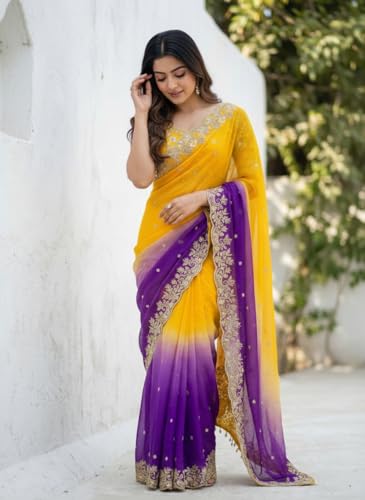 Image of Amazon Brand - Tavasya Fancy Fendy Satin Silk Saree with Multi Sequence Embroidery Work | Heavy Embroidered Wedding Party look Saree with Running Blouse Piece