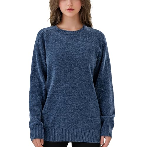 Simple&Opulence Women's Jumper Crew Neck,Chenille Warm Pullover Tops for Woman,Casual Long Sleeve Winter Sweater,M,Grey Blue