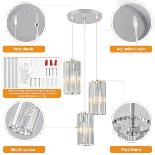 Image of Chrome Pendant Lighting Modern Pendant Light, Mini Crystal Chandeliers,Adjustable Pendant Light Fixture for Kitchen Island Dinning Room Corridor Bedroom(Chrome 3-Light)