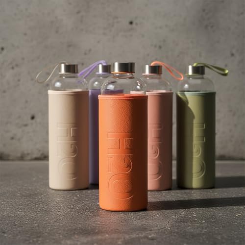 Deconox 1 Litre Deri Kılıflı Cam Matara – H2O Tasarımlı Büyük Boy Su Şişesi, Koku Yapmaz Sızdırmaz Metal Kapak (1 Adet - Asorti) - Görsel 6