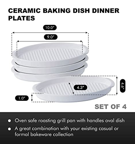 Bruntmor Plate Set Dinner Plates Set Of 4 Porcelain Matte Glaze Sushi Serving Tray 9" Dinner Plates, Oven Safe Roasting Grill Pan With Handles Oval Dish, White #TOP2