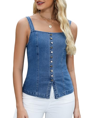 Denim Vest Tops for Women Jean Backless Square Neck Faux Button Placket Adjustable Back Tie Open Back Tank Top3