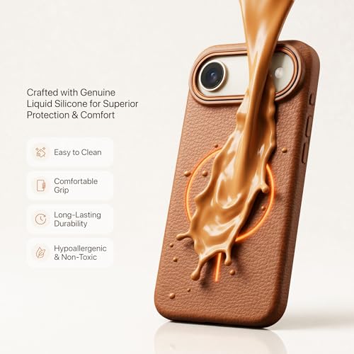 Image of amazon basics Luxury MagSafe Compatible Leather Texture Back Cover for iPhone 17 Air | Raised Camera Protection | Slim Fit Shockproof Case with Metallic Accents (Orange)