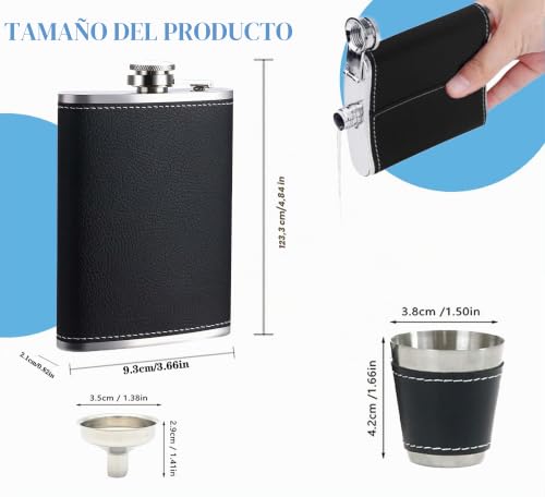 Miniatura 2 de Ruixue Petacas De Alcohol De Bolsillo Para Licores Y Whisky, 7oz 200ml, Petaca De Acero Inoxidable Negra,Petaca De Licor,Con 2 Tazas Y 1 Embudo,Petacas De Whisky Para Excursiones,Viajes.