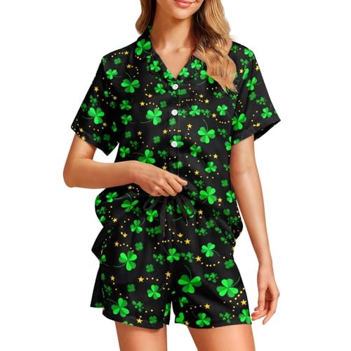 Image of Silk Satin Pajama Set for Women Summer Lounge Pjs Sets 2 Piece Suit Ladies Button Down Tops And Shorts Sleepwear
