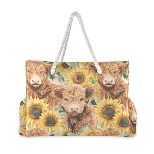 Highland Cow and Sunflowers Beach Bag & Travel Tote Bag Large Sandproof with Zipper Closure, Wet Pouch for Swim Gym Travel, Lightweight Foldable Outdoor Bag2