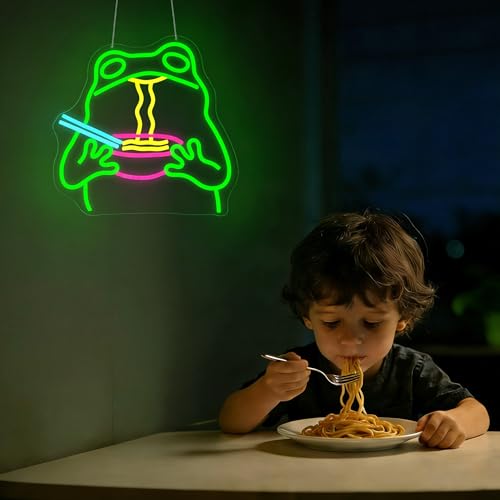 Image of Neon Sign, JGHTURIE Frog Dimmable Neon Signs for Wall Decor, Cute Funny Frog Ramen Light up Led Sign for Room, Kitchen, Shop, Bar, Birthday, Party & Home Decor - USB Powered
