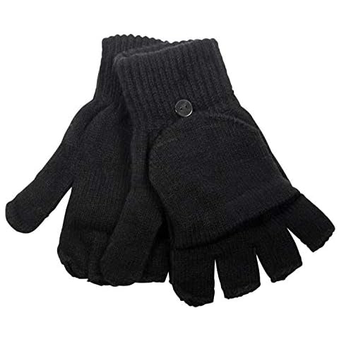 Mens 2 in 1 Fingerless Gloves Mittens Winter Thermal Knit in Black Cover