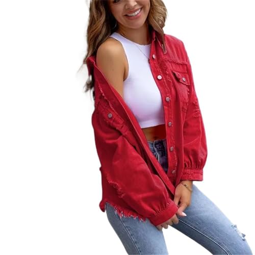 Manteau en jean femme rouge foncé pour un look mi-saison confortable