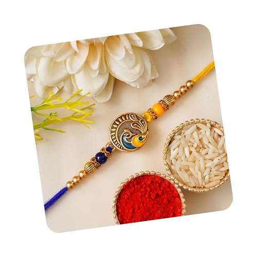 Image of eCraftIndia Peacock Designer Rakhi for Brother with Roli Chawal Pack | Mor Pankh Rakhi for Bhaiya Bhai