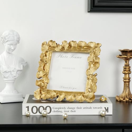 Vintage Gold 5x5 Picture Frame, Gold Ornate Leaf Textured Hand-Crafted Resin with Glass Front, Antique Square Photo Frame for Tabletop Display, Retro Design Home Decor