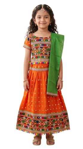 Image of AHHAAAA Girls Lehenga Choli with Dupatta, Kids Embroidered Chaniya Choli Set for Navratri Garba Dandiya Wedding Party Ethnic Outfit Y0045