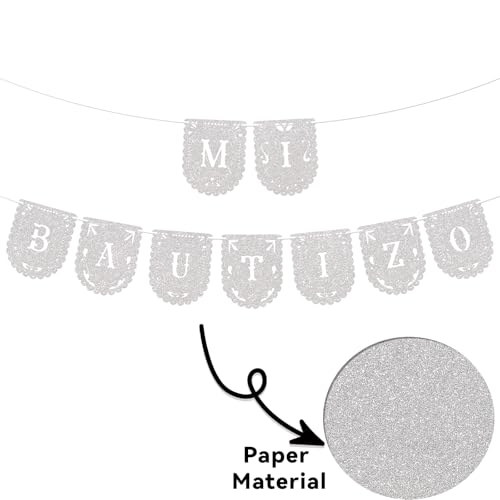 Image of Mi Bautizo Banner - God Bless Banner, Mi Primera Comunion Decor, First Holy Communion Sign, Baptism Christening Baby Shower Party Decorations Silver Glitter