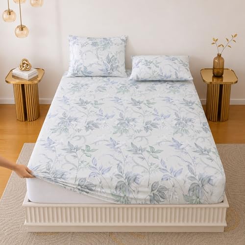 Image of Jaipur Weaves Queen Size Fitted Bedsheet Cotton with Elastic, 100% Pure Cotton Double Bed Fitted Sheet with 2 Pillow Covers, 240 TC, 60x78 Inches up to 8-inch Mattress, Floral Design - (Green Floral)