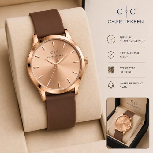Image of CHARLIEKEEN Rose Gold Dial Watch with Brown Silicone Strap | ROSE GOLD Case, Minimalist Design, Stick Hour Markers, Casual Wear