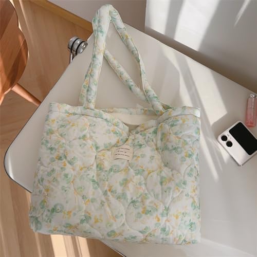 Image of Floral Quilted Cotton Shoulder Bag for Women Medium Size Handbag Large Capacity Thickened Design Tote
