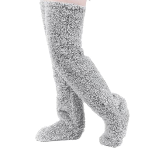 Meanju hasta la Rodilla de Felpa Calcetines,Overknee Calcetines Fluffy,Calcetines hasta Rodilla Felpa para Mujer,Suaves Calcetines Invierno para Pantuflas Dormir Casa (Gris Claro)
