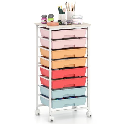 GOFLAME 8-Drawer Rolling Storage Cart with Wooden Top, Macaron Color