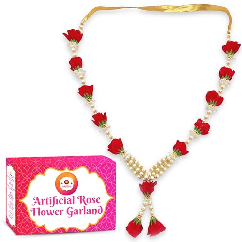 Bhakti Lehar (16 Inch) Artificial Rose Flower Garland for Photo Frame | Pearl Moti Gulab Mala for God Idol Photos and Loved Ones - Red