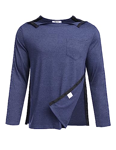 Deyeek Men's Post Shoulder Surgery Recovery Shirts Full Tear Away Long Sleeve Snap Chemo Port Access Shirt