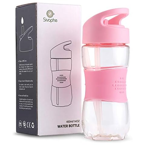 Sivaphe Leak-proof Water Bottle Tritan Plastic, Camping Running Sports Student Outdoor Activity Drinking Bottle with Handle and Silicone Straw (Pink, 400ML) Cover
