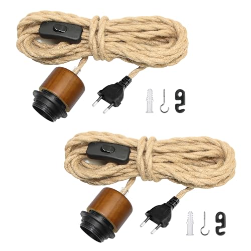 2 Piezas Kit de Lámpara Colgante de Cuerda de Cáñamo, Retro Portalámpara E26/E27 con Enchufe e Interruptor, 5M DIY Cable de Luz de Cáñamo, Lamparas Rustica de Techo Decoración Iluminación