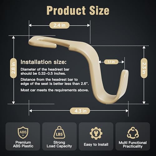 Image of 4-Pack Car Headrest Hooks Holds 55lbs Seat Storage Organizer for Bags | Durable ABS Material, 360 Rotating, Car Hanger for Backpack Umbrella Water Bottle Coat Purses Handbags Groceries, Beige
