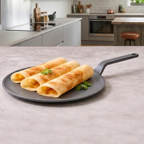 Image of HomeEssentials Premium 26cm Cast Iron Tawa /Dosa Tawa | Flat Griddle with Long Handle | Perfect for Crispy Dosas, Rotis, Chapatis, Paranthas & Pancakes | Heavy-Duty, Induction & Gas Stove Friendly